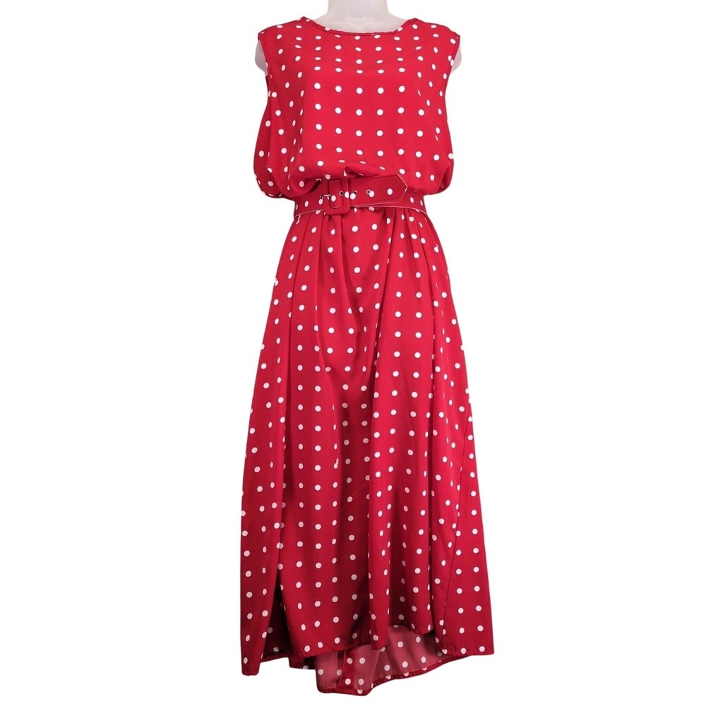 Vintage Blair Red Polka Dot Maxi Dress w/ Matching Belt, Sz L 90s-Y2K Mod Retro